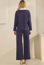 Classic Collared Two-Tone Top and Wide-Leg Pants Set