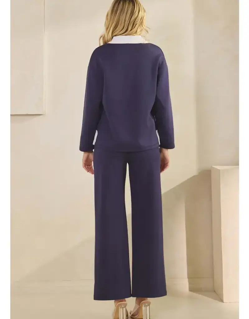 Classic Collared Two-Tone Top and Wide-Leg Pants Set