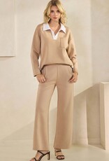 Classic Collared Two-Tone Top and Wide-Leg Pants Set