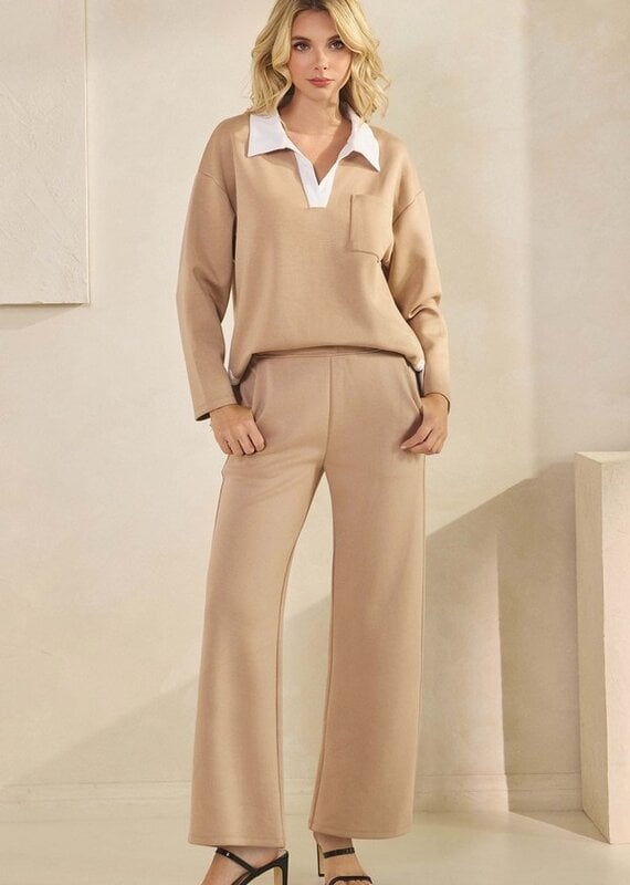 Classic Collared Two-Tone Top and Wide-Leg Pants Set