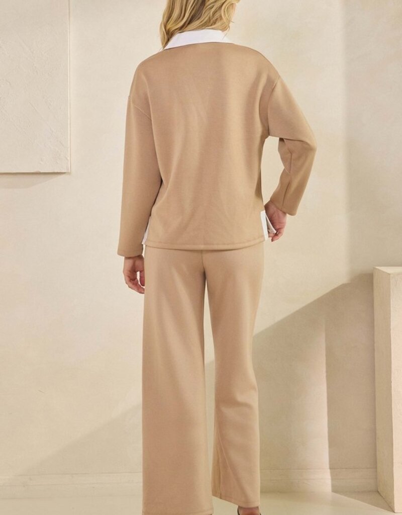 Classic Collared Two-Tone Top and Wide-Leg Pants Set