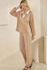 Classic Collared Two-Tone Top and Wide-Leg Pants Set