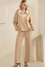 Classic Collared Two-Tone Top and Wide-Leg Pants Set