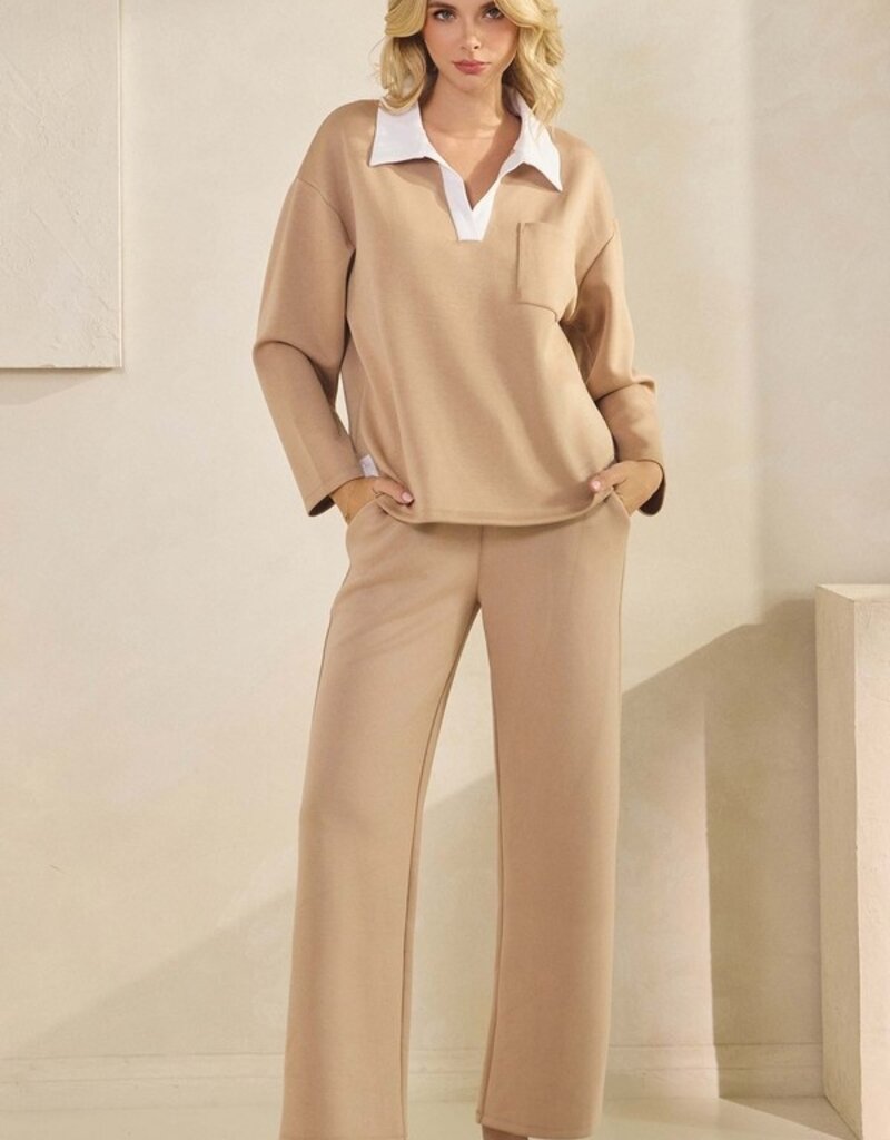 Classic Collared Two-Tone Top and Wide-Leg Pants Set
