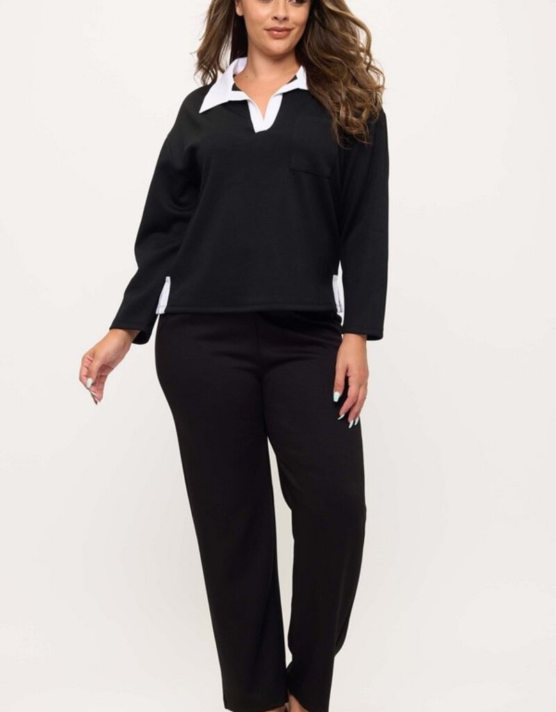 Curvy - Classic Collared Two-Tone Top and Wide-Leg Set