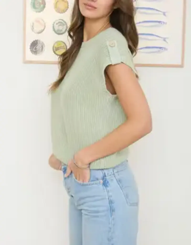 Acid Washed  Back Button Tab Sleeve Detail Top