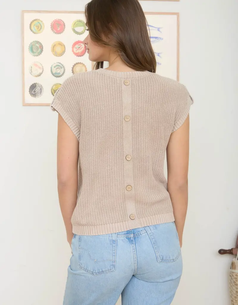 Acid Washed Back Button Tab Sleeve Detail Top