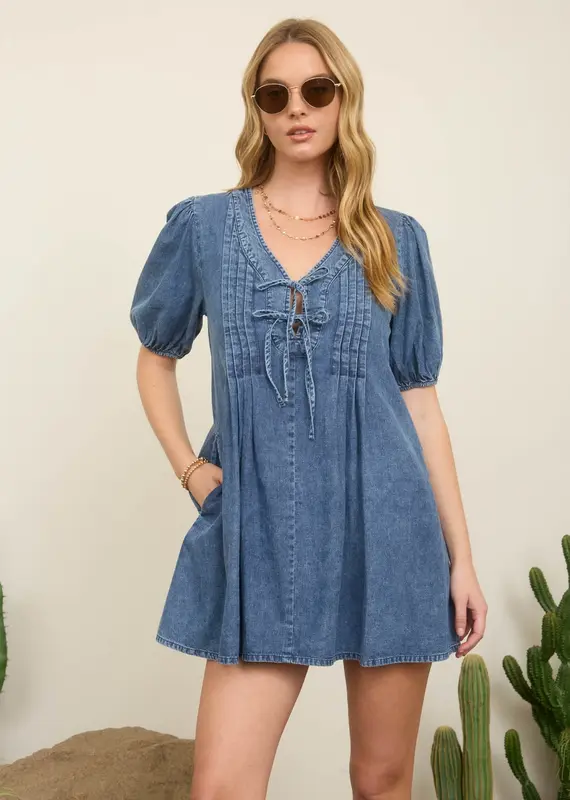 Front Tie Puff Sleeve Dress