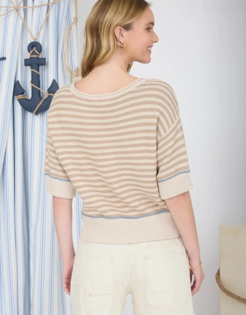 Stripe Raw Edge Detail Contrast Trim Sweater