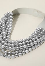 Chunky Acrylic Bead Layered Faux Leather Magnetic Necklace - Silver