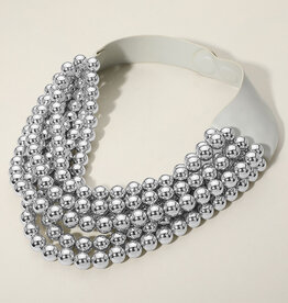 Chunky Acrylic Bead Layered Faux Leather Magnetic Necklace - Silver