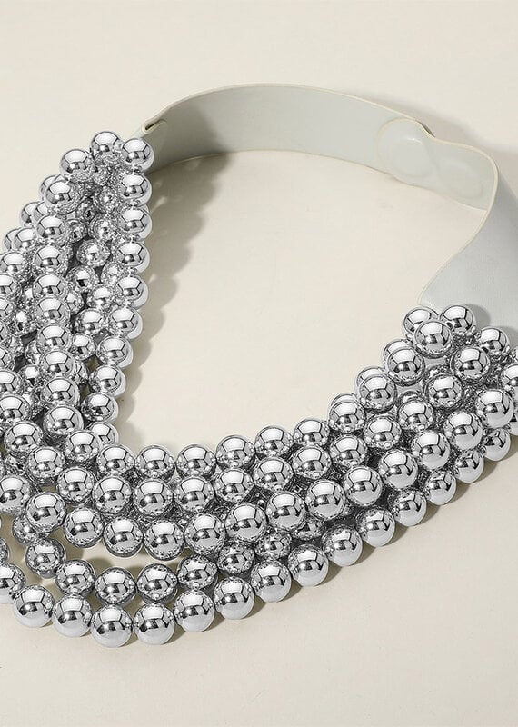 Chunky Acrylic Bead Layered Faux Leather Magnetic Necklace - Silver
