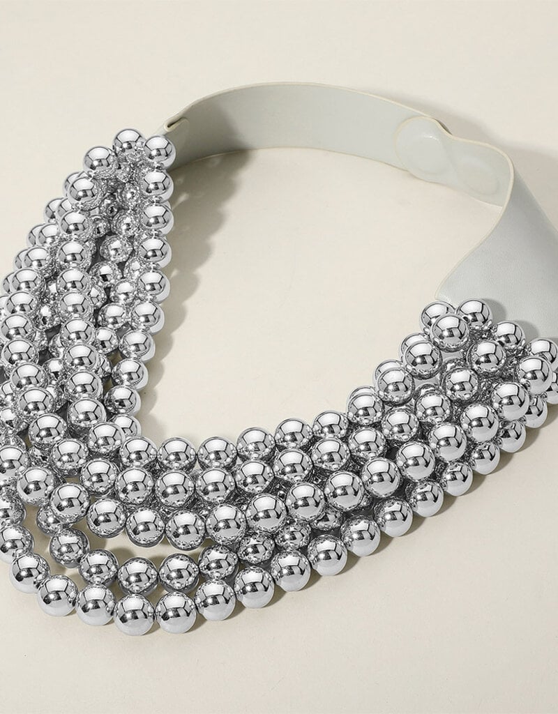Chunky Acrylic Bead Layered Faux Leather Magnetic Necklace - Silver