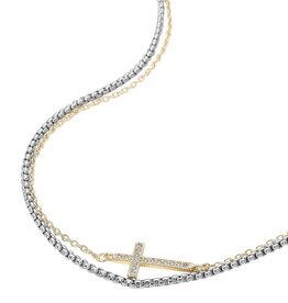 14K Gold Plated Two Tone Cz Pave Cross Pendant Accent Layered Necklace