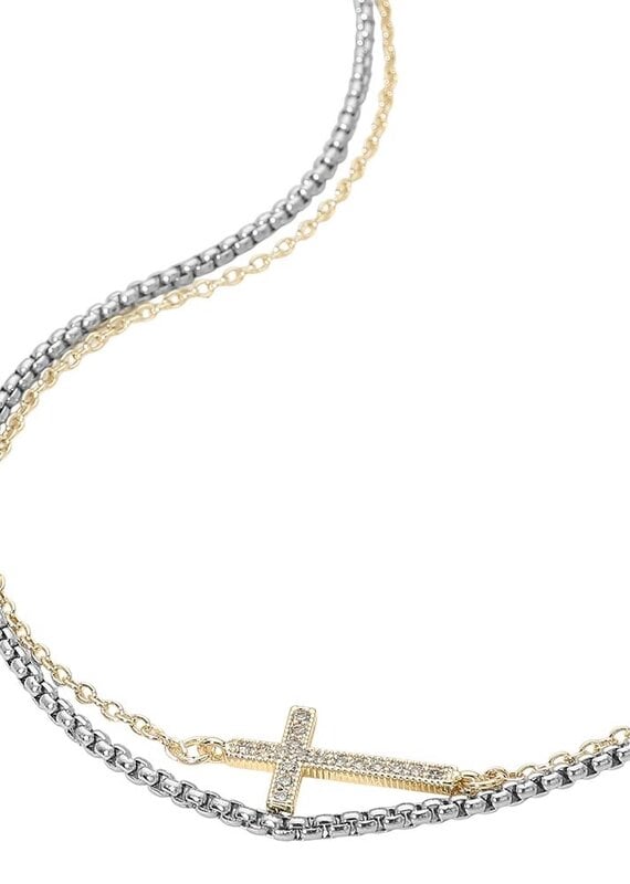 14K Gold Plated Two Tone Cz Pave Cross Pendant Accent Layered Necklace