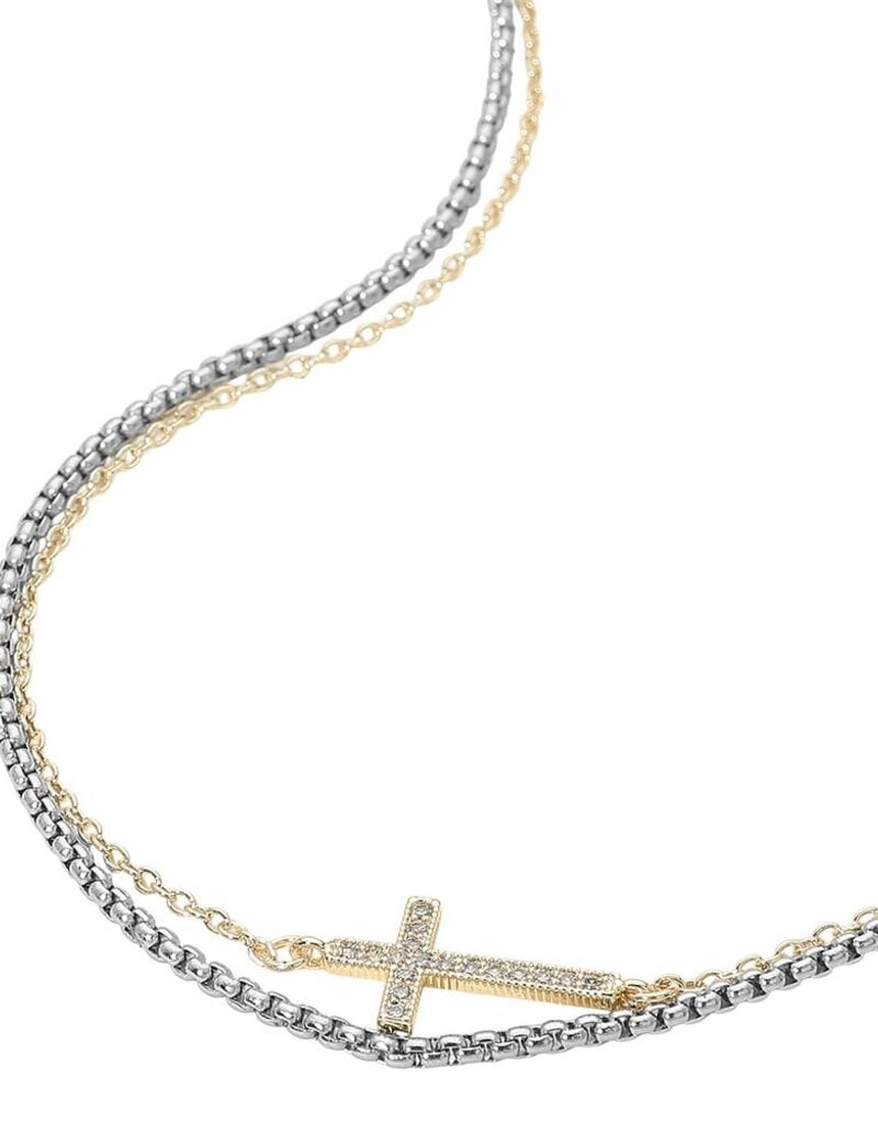 14K Gold Plated Two Tone Cz Pave Cross Pendant Accent Layered Necklace