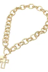 Hammered Layered Cross Pendant Chunky Chain Toggle Necklace - Gold
