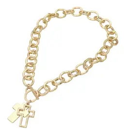 Hammered Layered Cross Pendant Chunky Chain Toggle Necklace - Gold