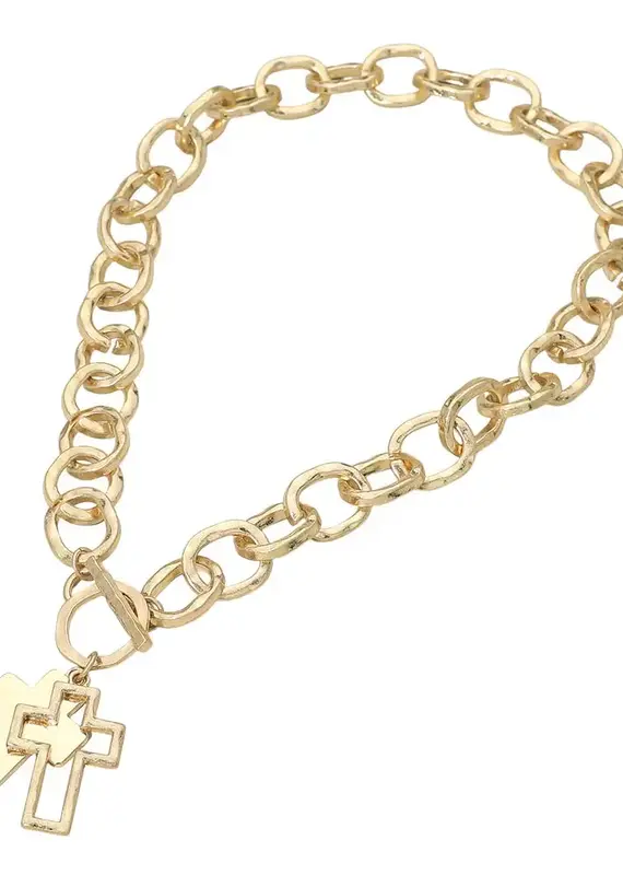 Hammered Layered Cross Pendant Chunky Chain Toggle Necklace - Gold