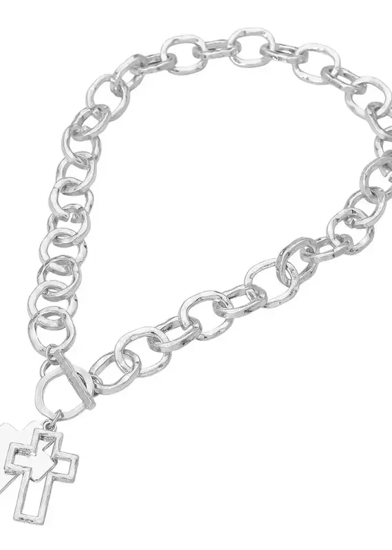 Hammered Layered CrossSilver Pendant Chunky Chain Toggle Necklace -