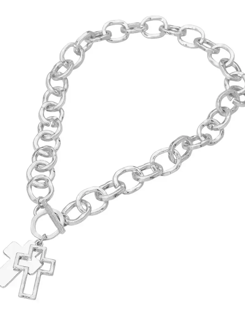 Hammered Layered CrossSilver Pendant Chunky Chain Toggle Necklace -