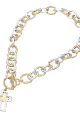 Hammered Layered Cross Pendant Chunky Chain Toggle Necklace - Worn Gold & Silver