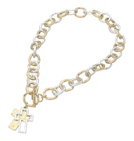 Hammered Layered Cross Pendant Chunky Chain Toggle Necklace - Worn Gold & Silver