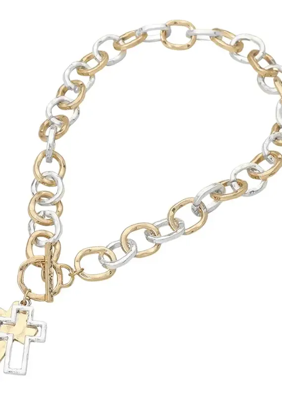 Hammered Layered Cross Pendant Chunky Chain Toggle Necklace - Worn Gold & Silver