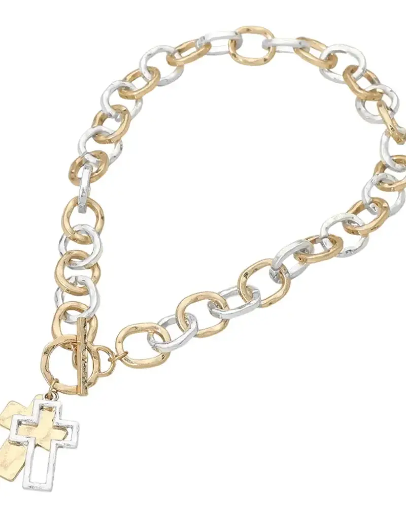 Hammered Layered Cross Pendant Chunky Chain Toggle Necklace - Worn Gold & Silver