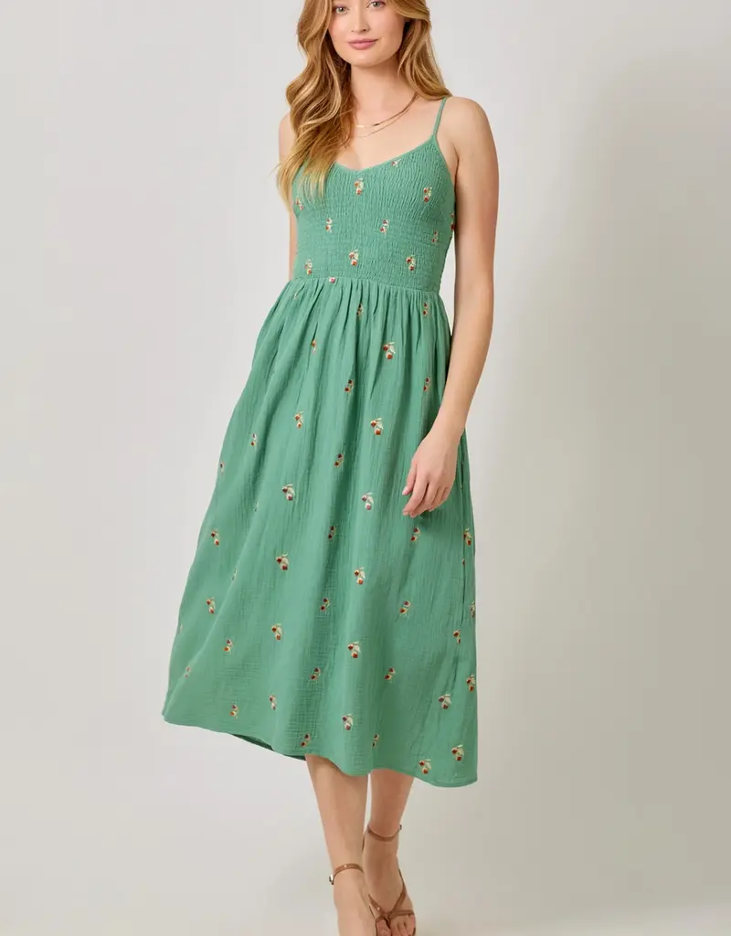 Embroidered Gauze Smocked Dress