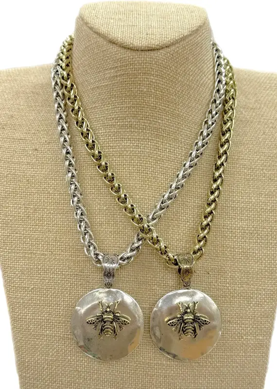 Two Tone Bee Round Hammered Pendant On Gold Chain