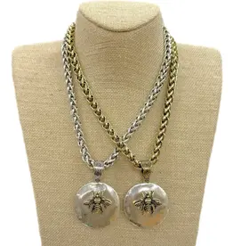 Two Tone Bee Round Hammered Pendant On Silver Chain