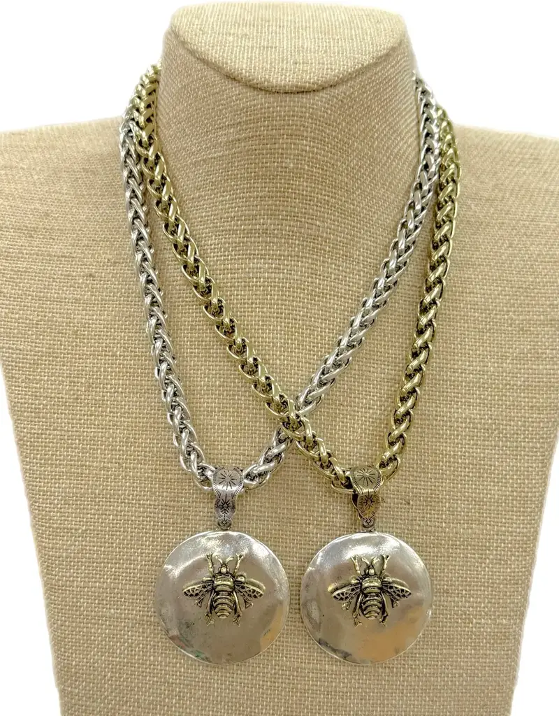 Two Tone Bee Round Hammered Pendant On Silver Chain