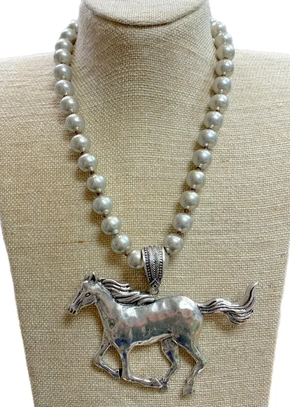 Running Horse Pendant On 12mm Faux Navajo Pearl Necklace