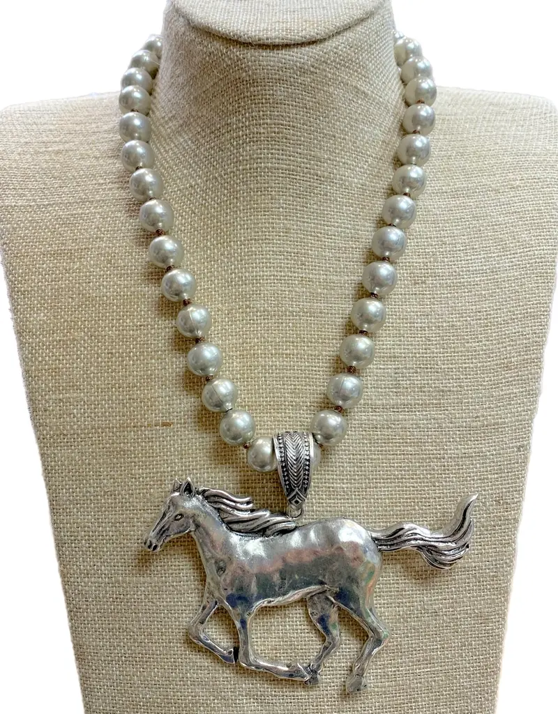 Running Horse Pendant On 12mm Faux Navajo Pearl Necklace