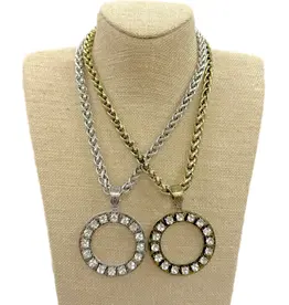 Round Metal Pendant with Clear Crystals On Chain Necklace - Antique Gold