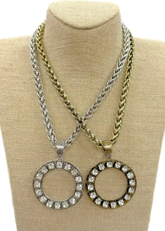 Round Metal Pendant with Clear Crystals On Chain Necklace - Antique Gold