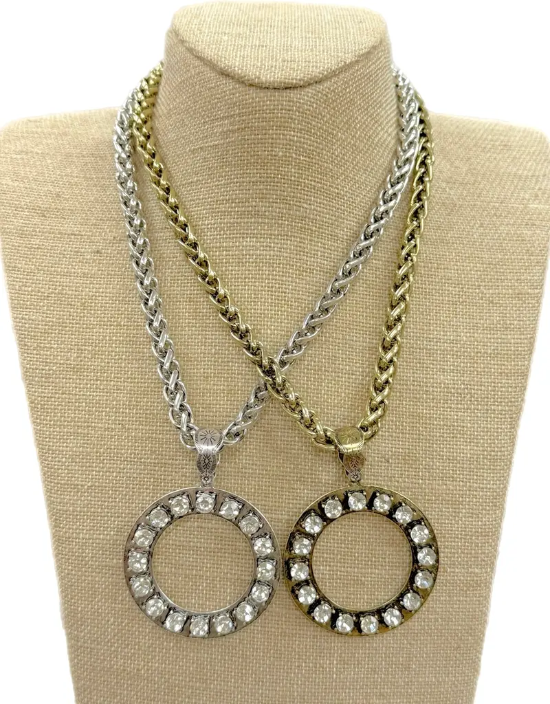 Round Metal Pendant with Clear Crystals On Chain Necklace - Antique Gold