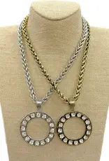 Round Metal Pendant with Clear Crystals On Chain Necklace - Silver