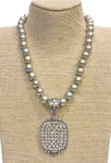 Rhinestone Square Metal Pendant On Faux Navajo Pearl Necklace