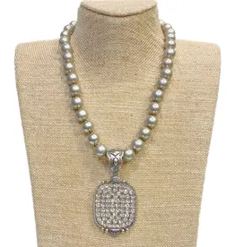 Rhinestone Square Metal Pendant On Faux Navajo Pearl Necklace