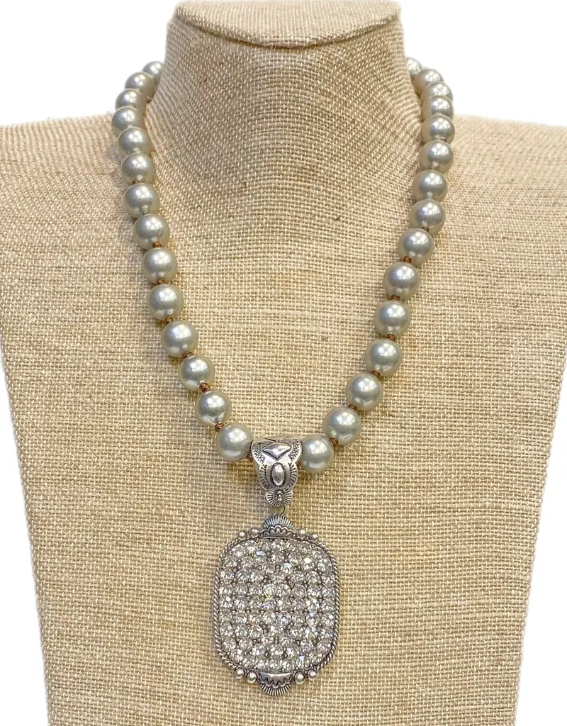 Rhinestone Square Metal Pendant On Faux Navajo Pearl Necklace