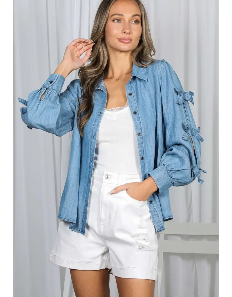 Chambray Bow Sleeve Detail Denim Shirt