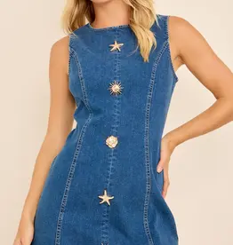 Sleeveless Seashell Button Denim Dress