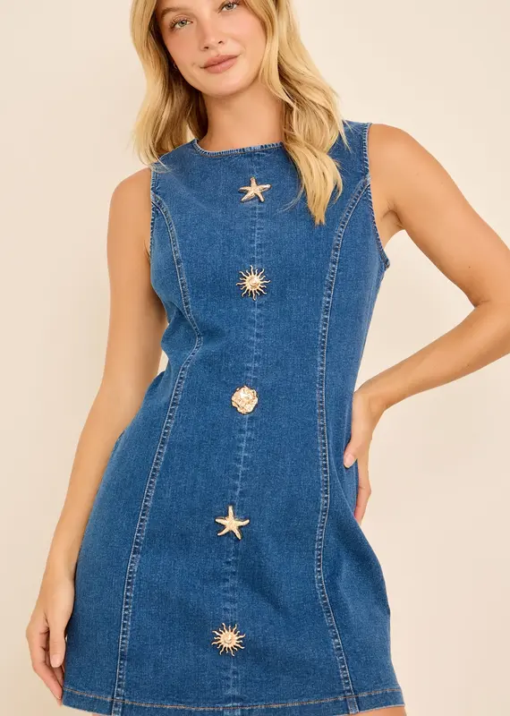 Sleeveless Seashell Button Denim Dress