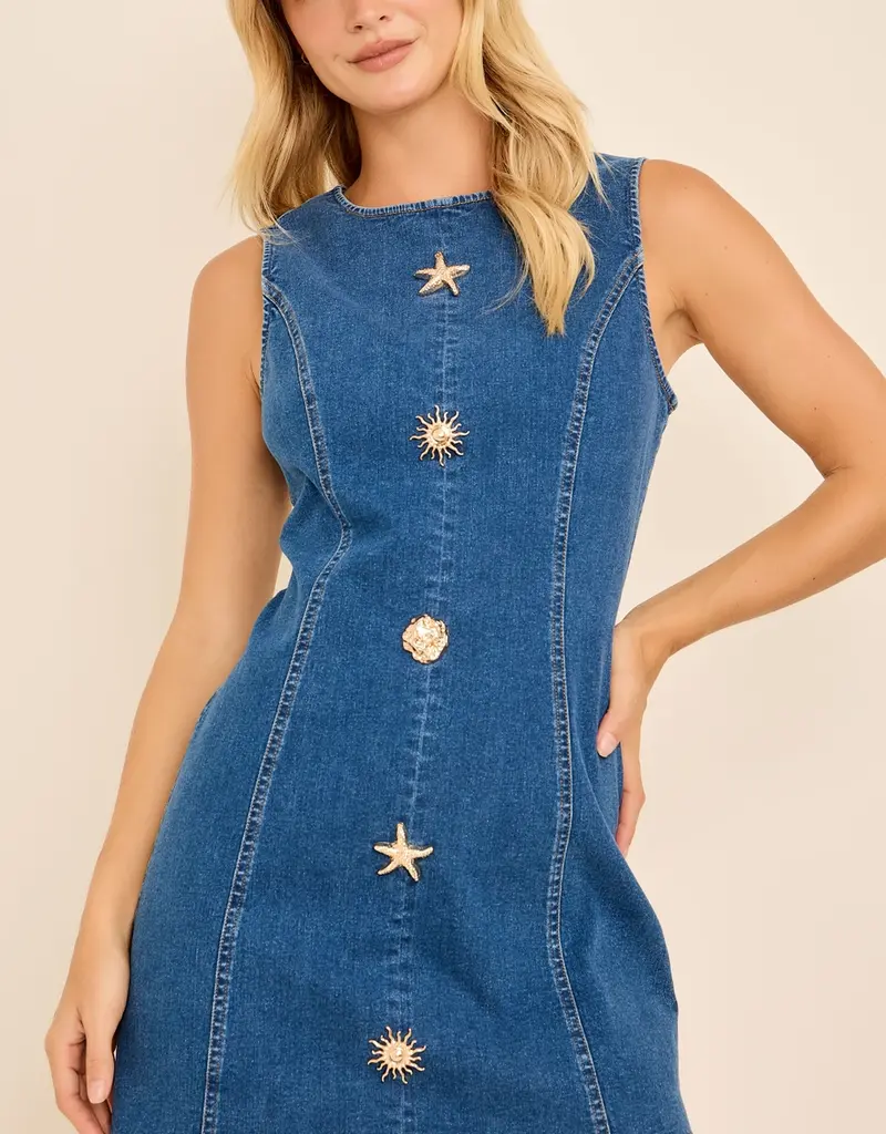 Sleeveless Seashell Button Denim Dress