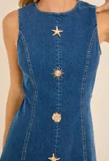 Sleeveless Seashell Button Denim Dress