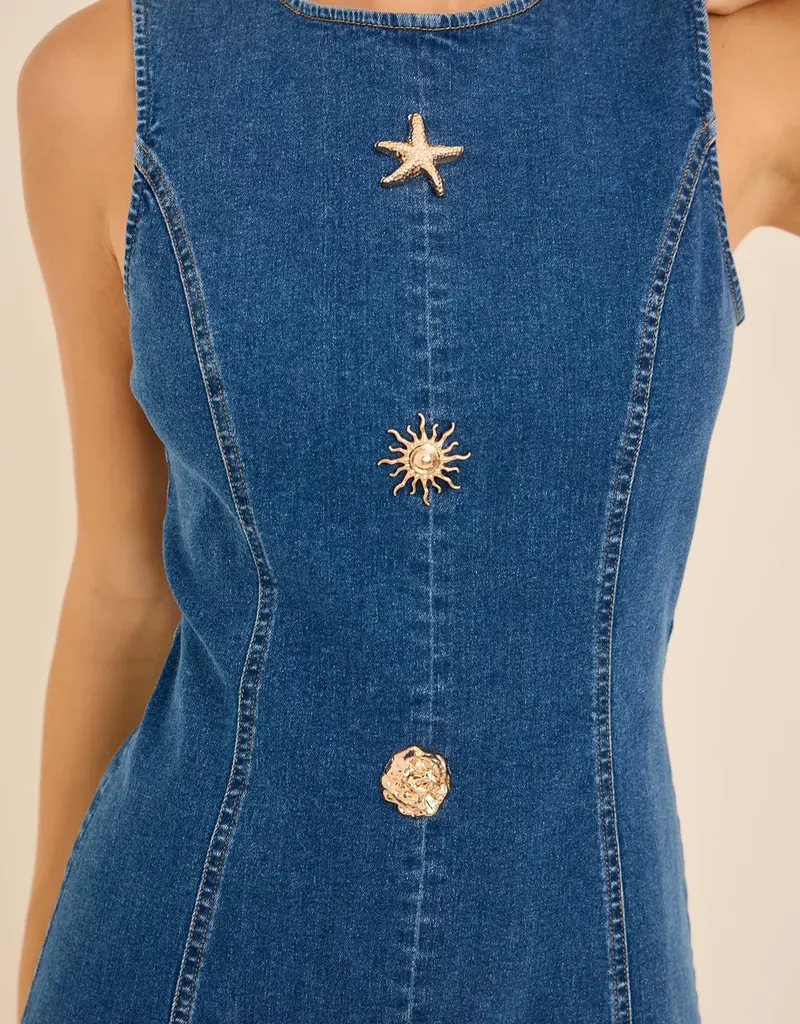 Sleeveless Seashell Button Denim Dress