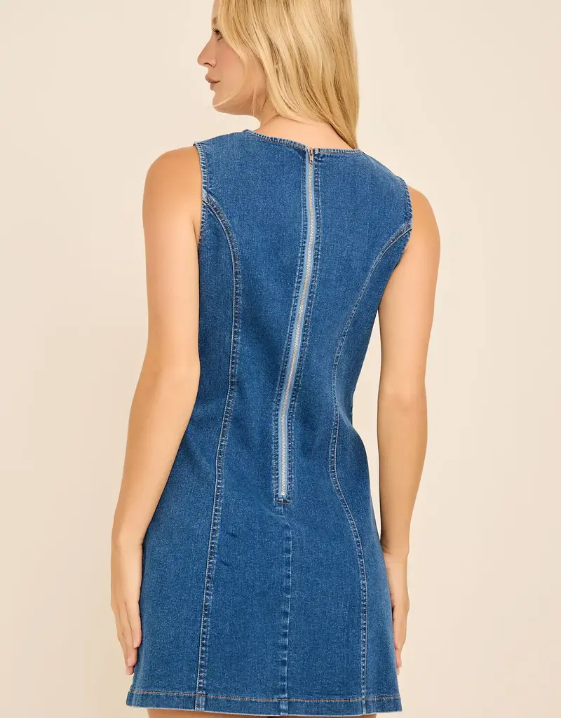 Sleeveless Seashell Button Denim Dress
