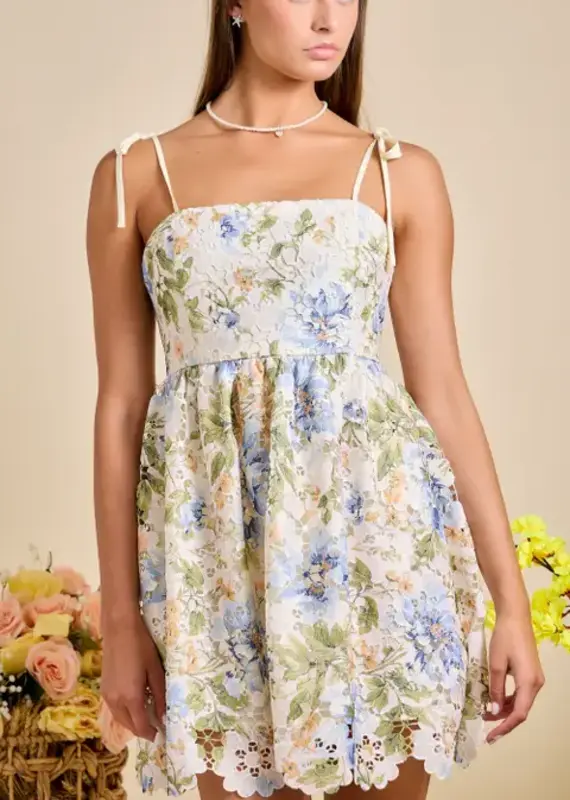 Floral &  Lace Dress With Tie Straps